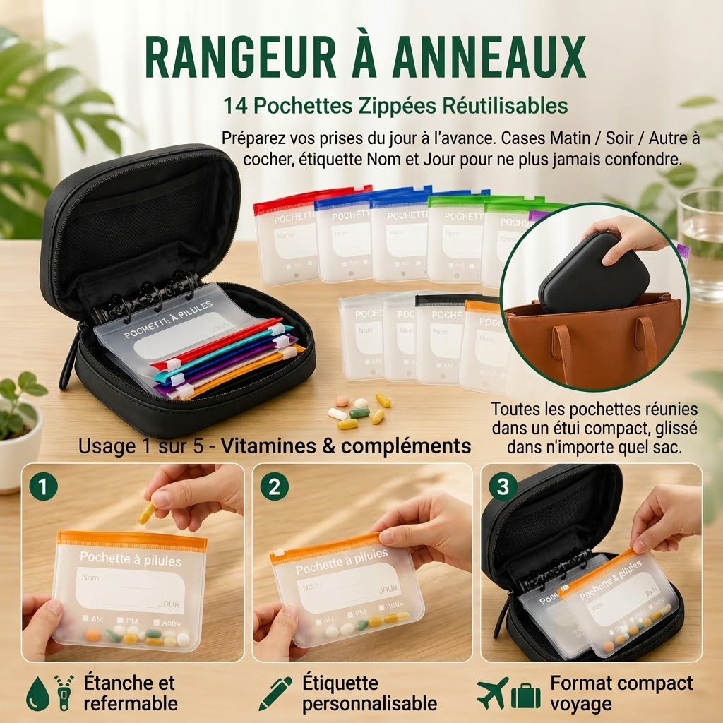 Rangeur à anneaux avec 14 pochettes zippées glissé dans un sac