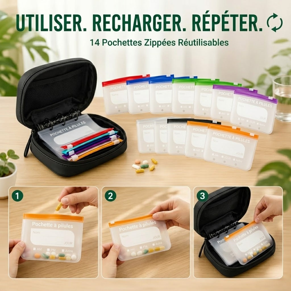 Trousse Organiseur de Pilulier POCKIVA - 14 Pochettes, Étanche, Voyage